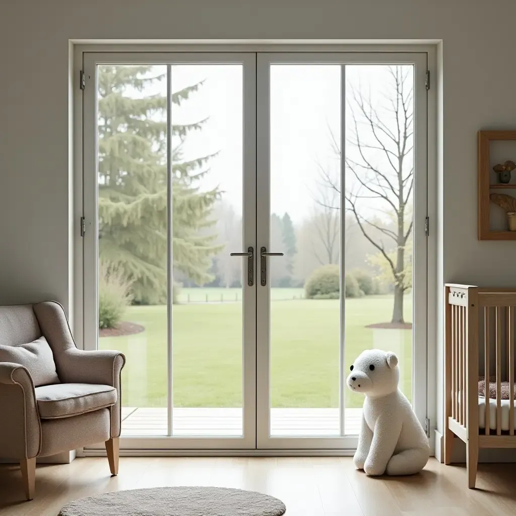 a photo of a nursery featuring a large window with metal frames