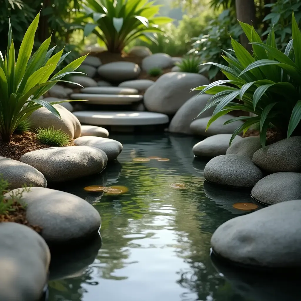 a photo of a tranquil water feature surrounded by smooth stones and tropical plants