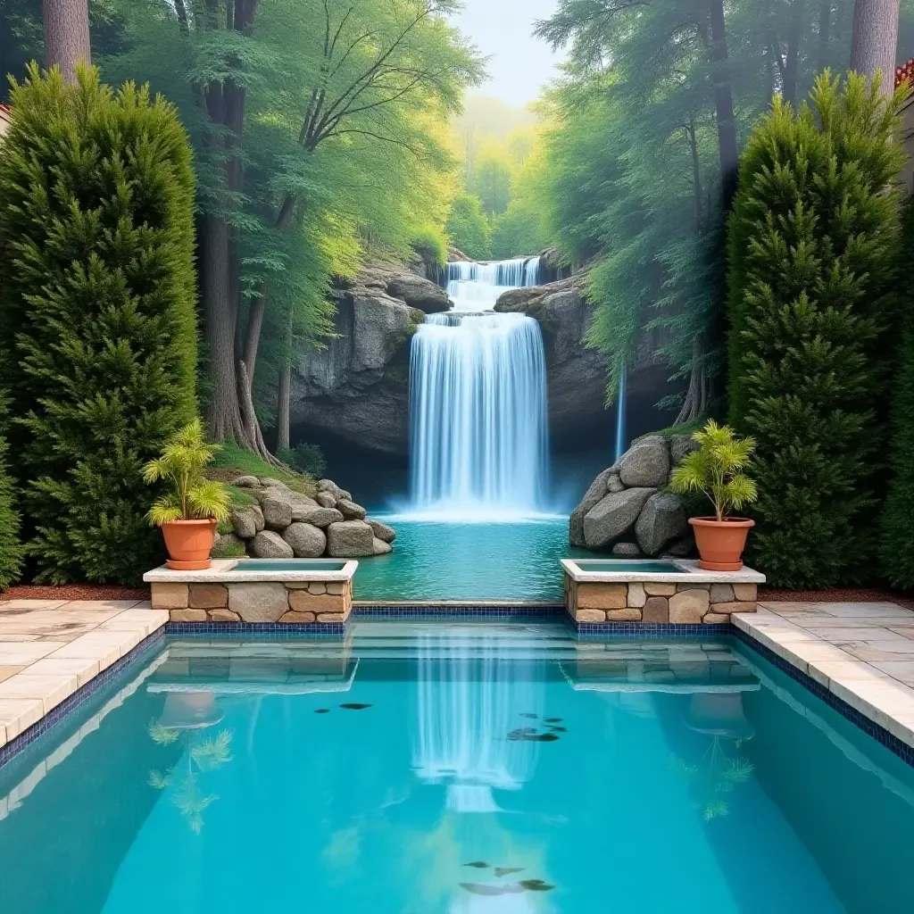 a photo of a serene waterfall mural enhancing the poolside