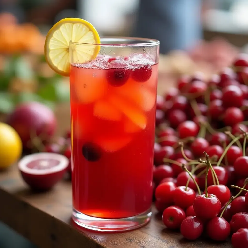 a photo of a colorful glass of visinada, a sour cherry drink, with a slice of lemon, in a vibrant Greek market.