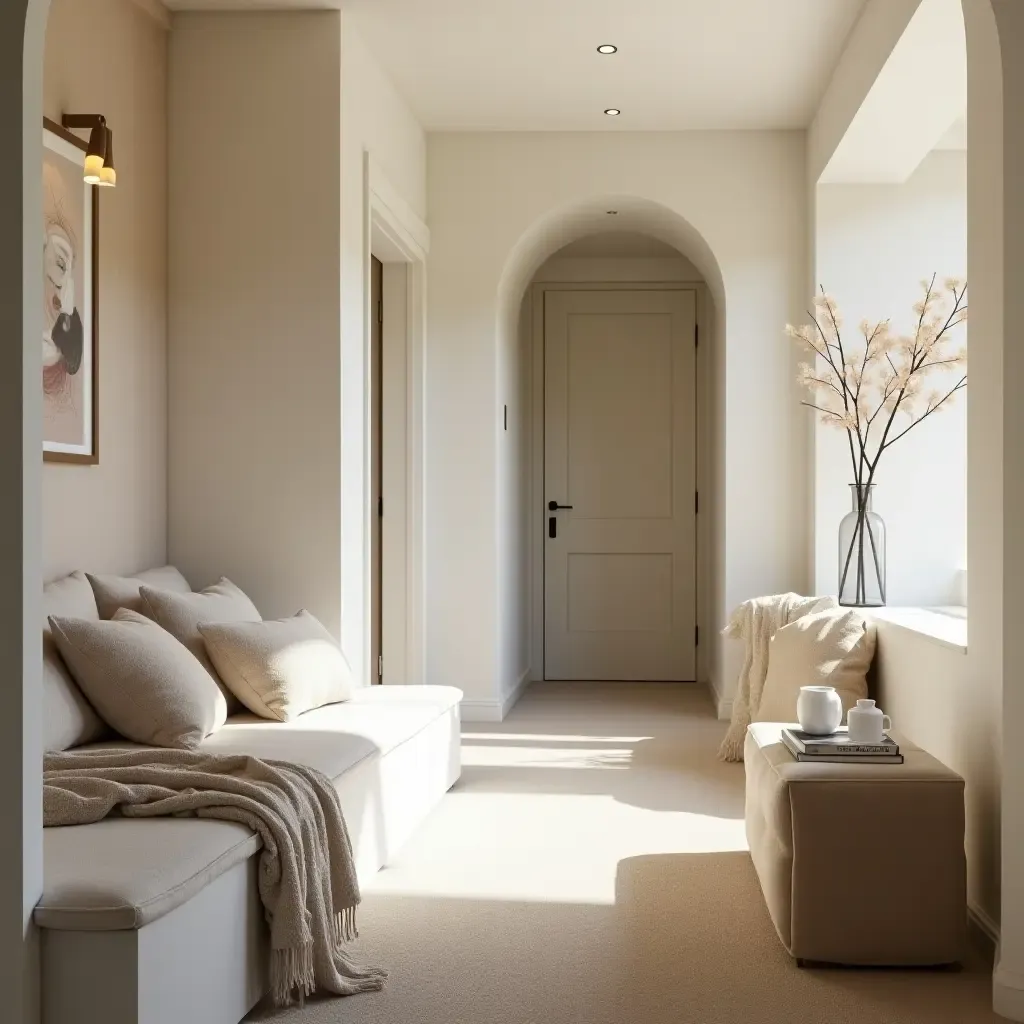 a photo of a welcoming corridor with a daybed and soft throws