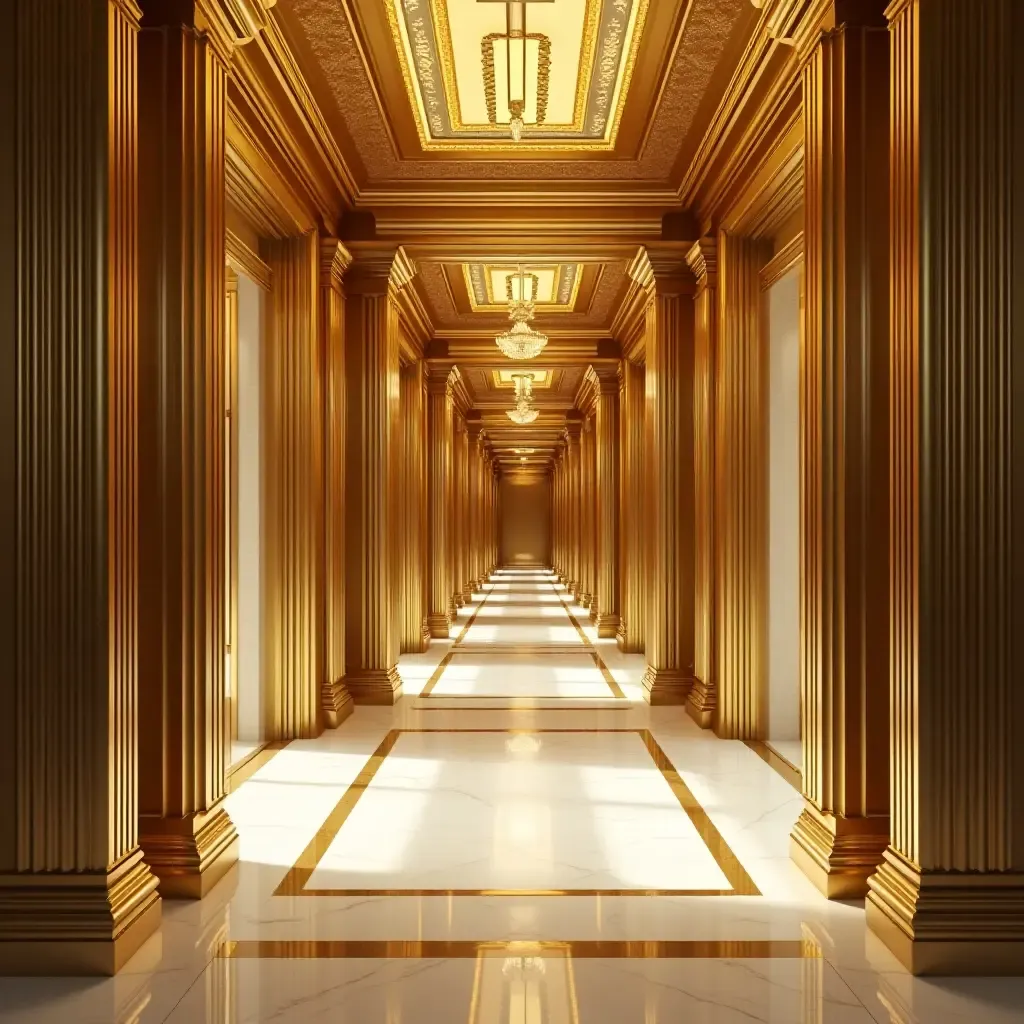 a photo of a luxurious corridor adorned with gold and silver metallic details