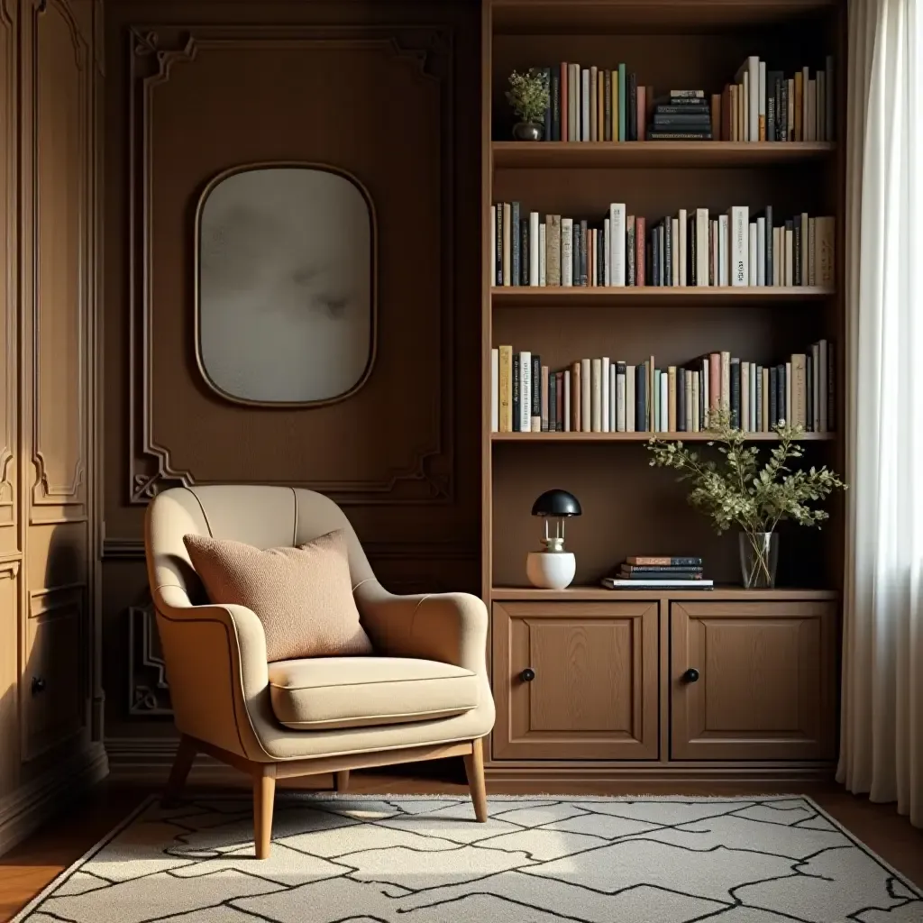 a photo of a cozy reading corner with a bookshelf and armchair