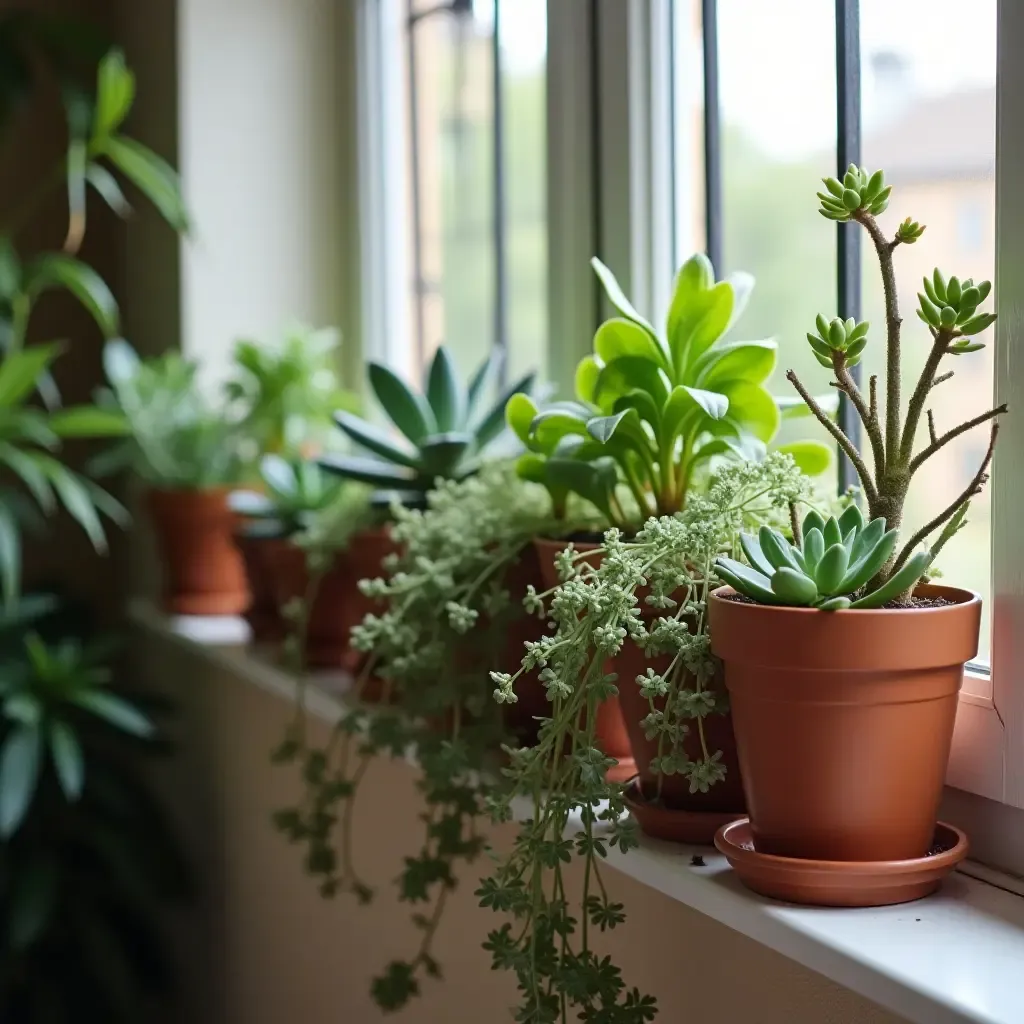 a photo of a balcony decorated with a collection of potted succulents