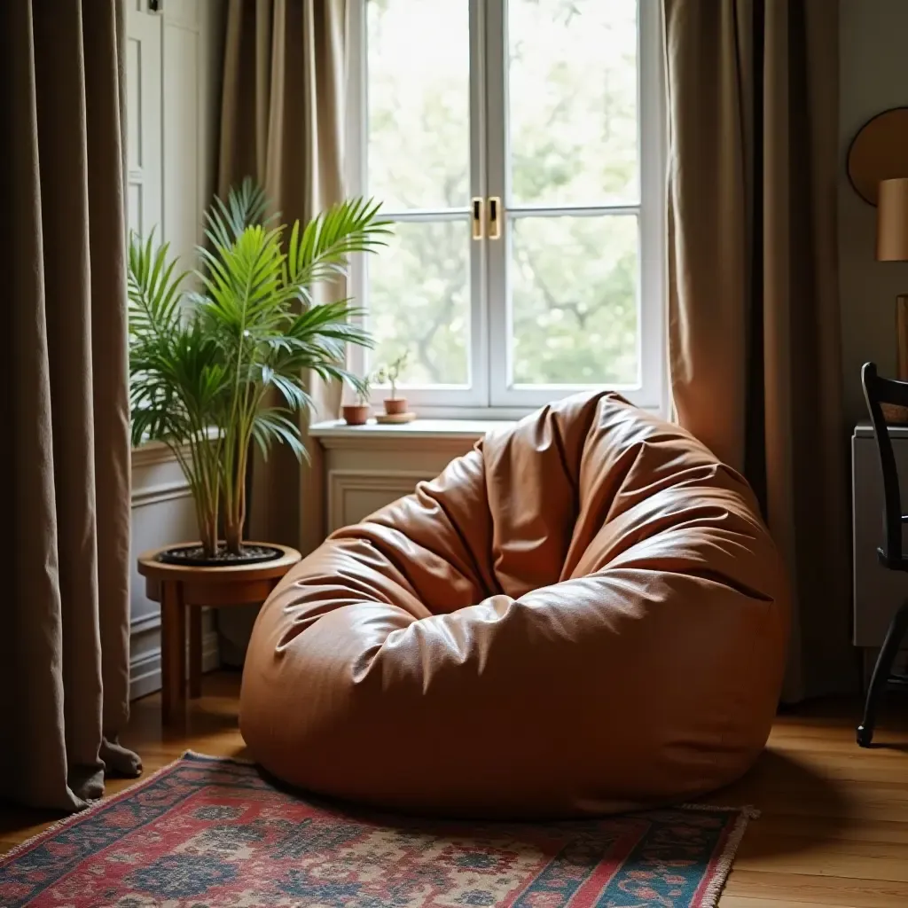 a photo of a cozy nook with a leather bean bag chair