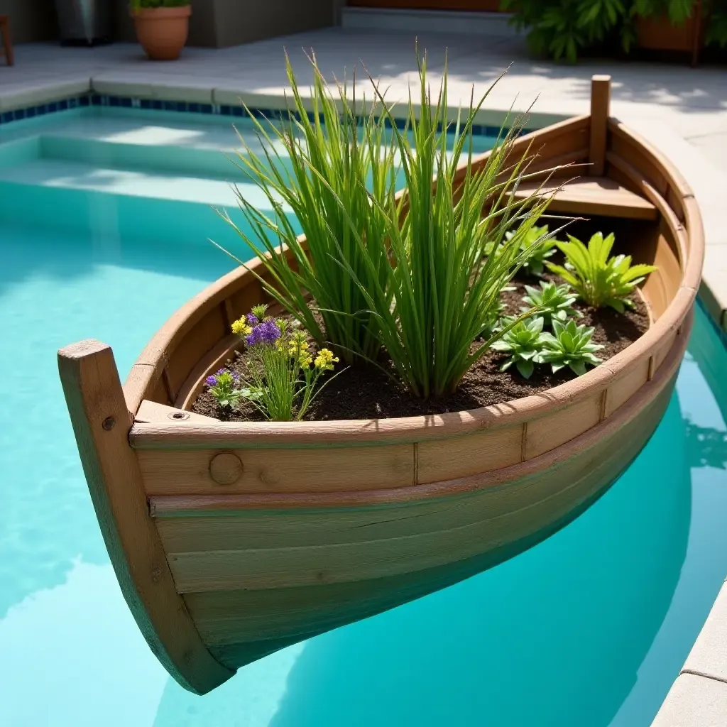 a photo of a wooden boat used as a planter by the pool