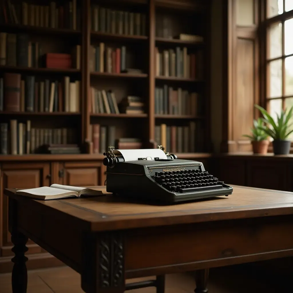 a photo of a library with a wooden desk and a vintage typewriter