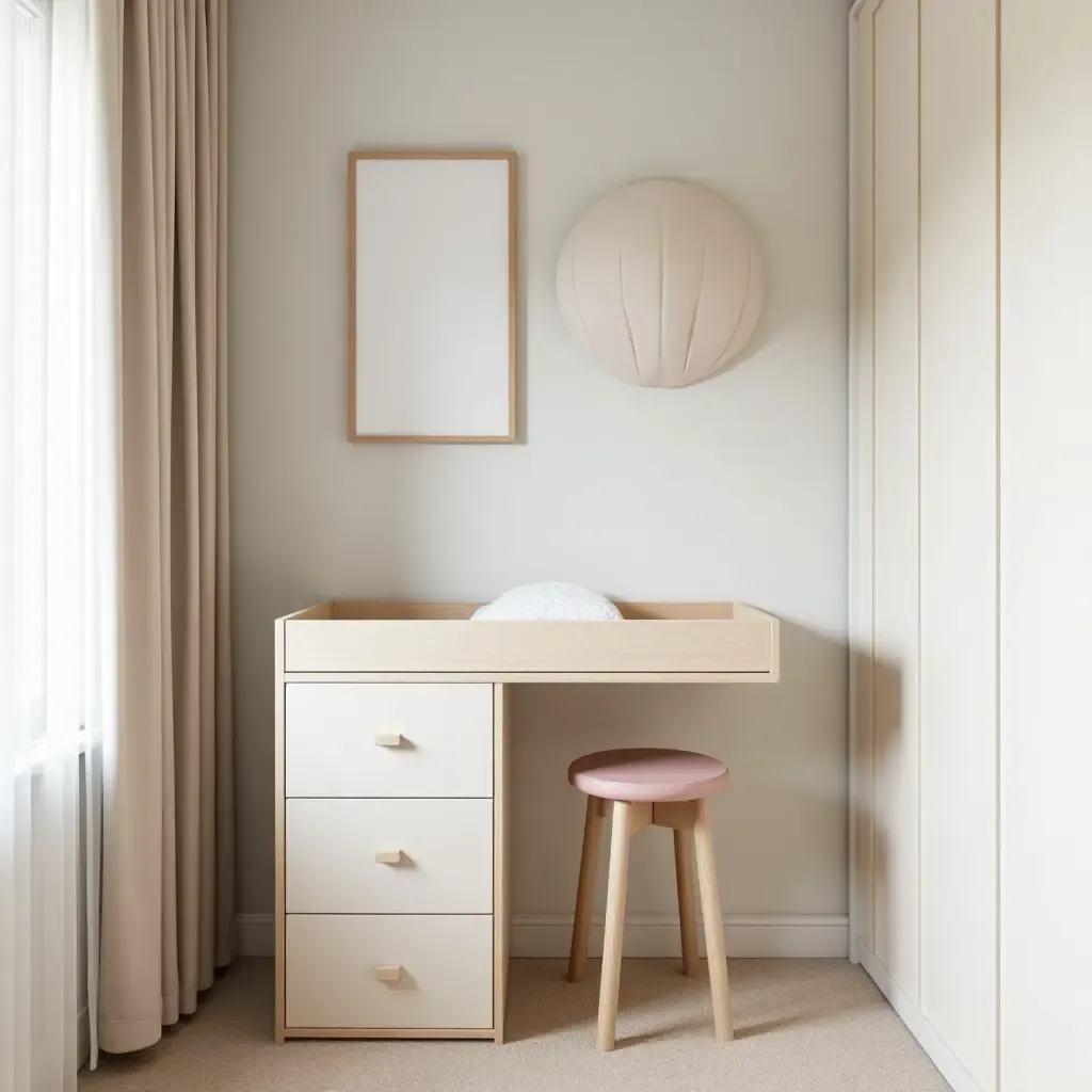 a photo of a compact nursery with a foldable changing station and wall art