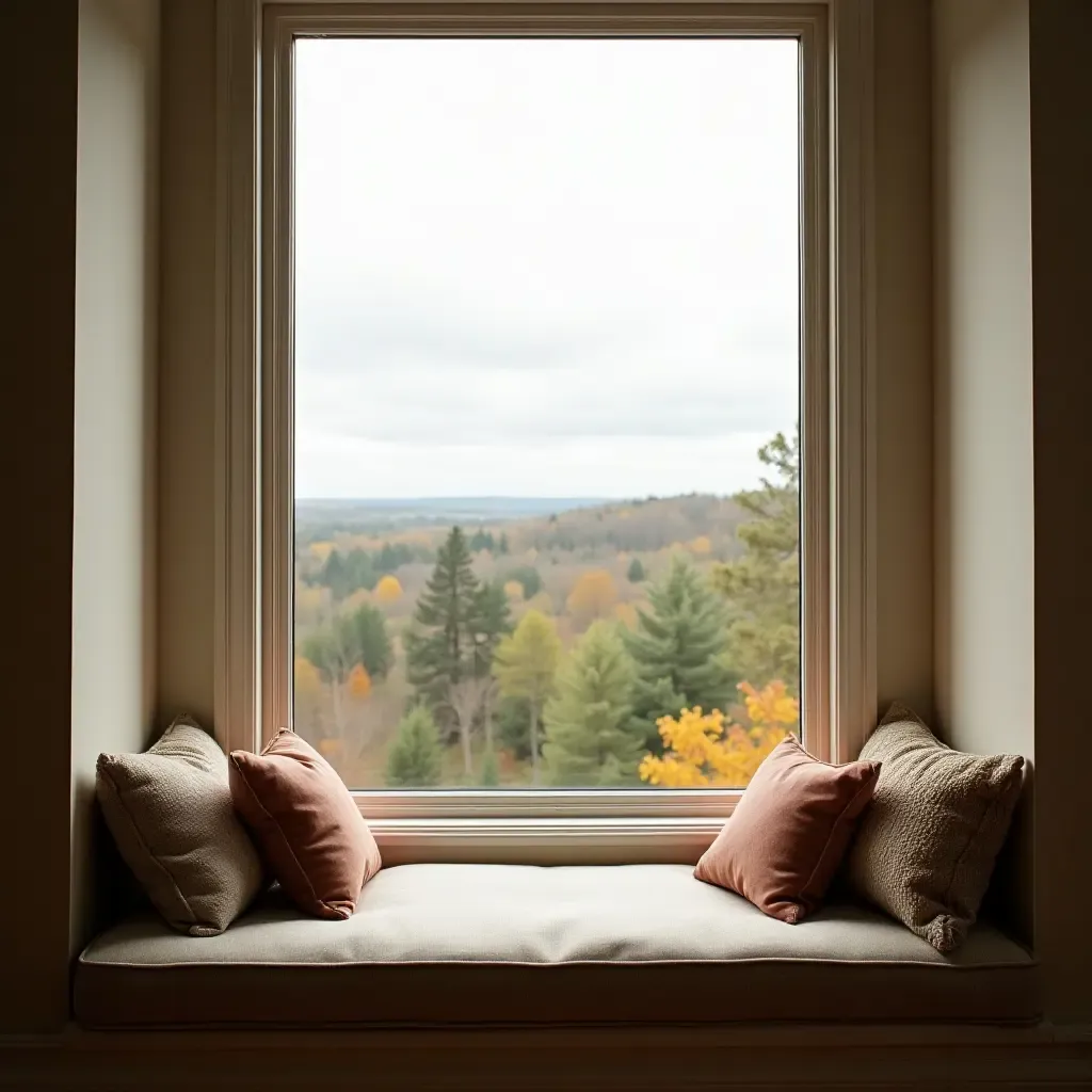 a photo of a reading nook with a window seat, cushions, and a view