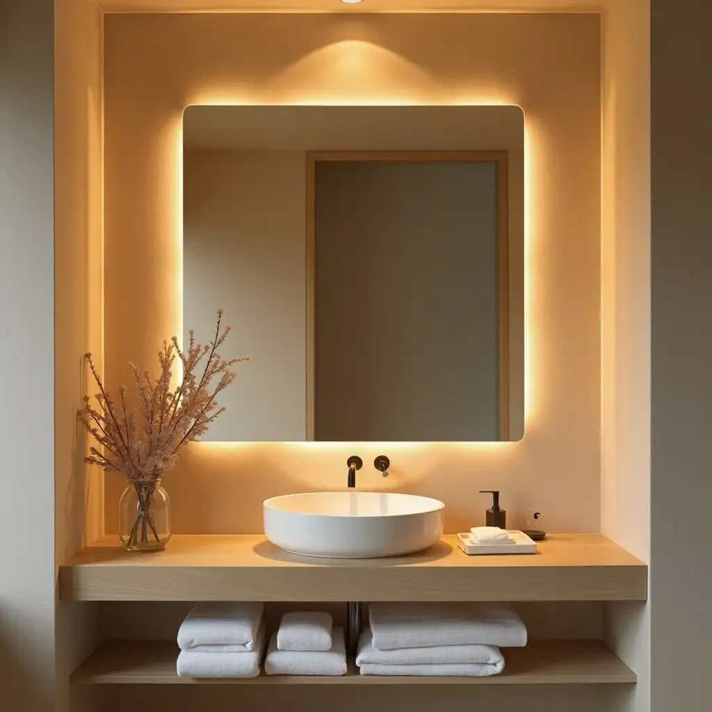 a photo of a wooden mirror frame with soft lighting in a relaxing bathroom