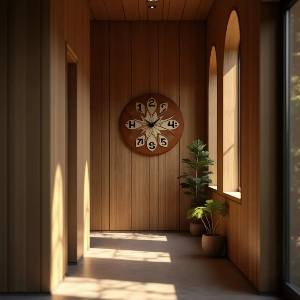 a photo of a wooden wall clock in a cozy corridor