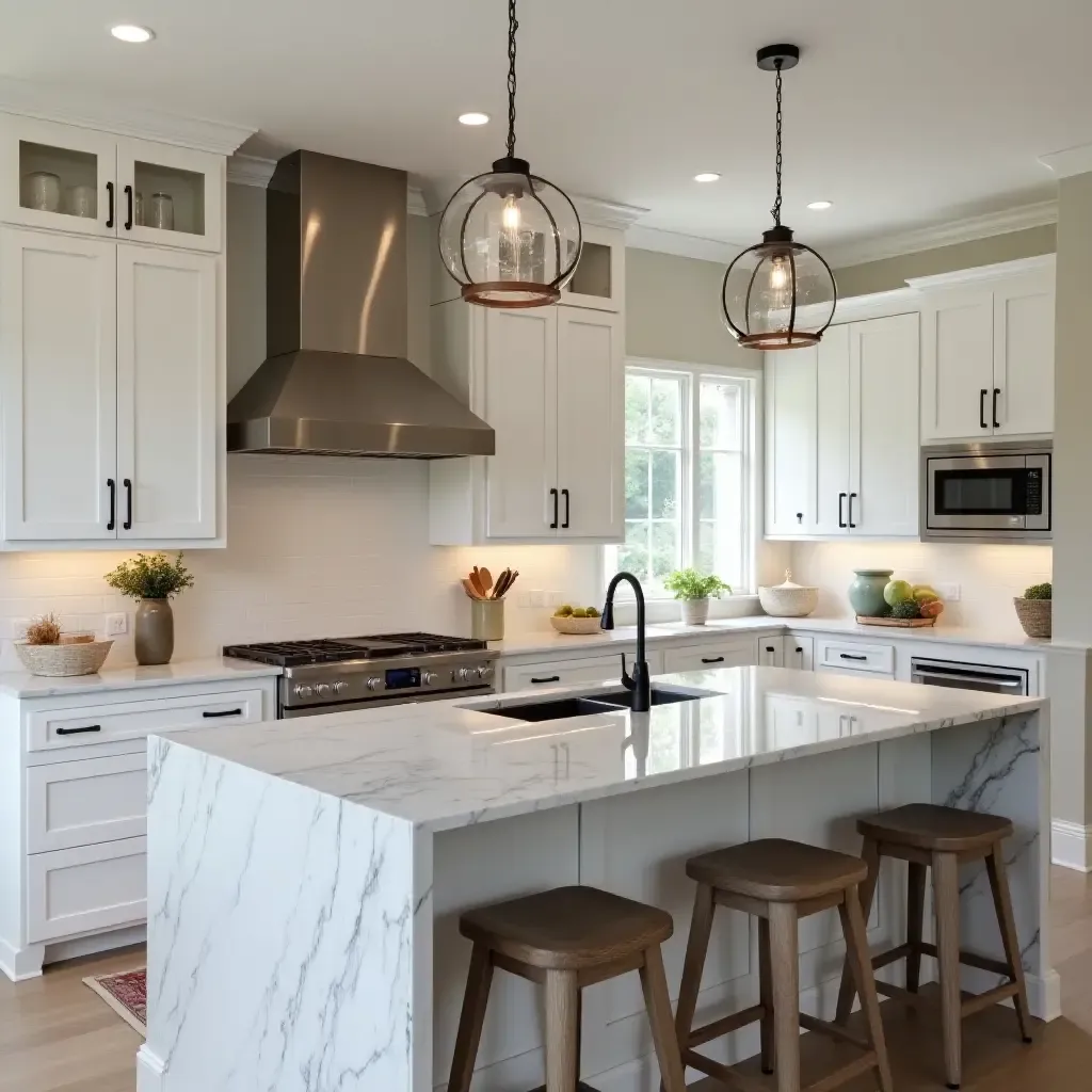 a photo of an inviting kitchen with marble countertops and hanging pendant lights