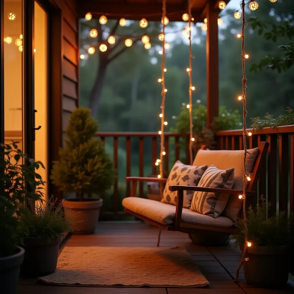 a photo of a cozy balcony with a vintage swing chair and fairy lights