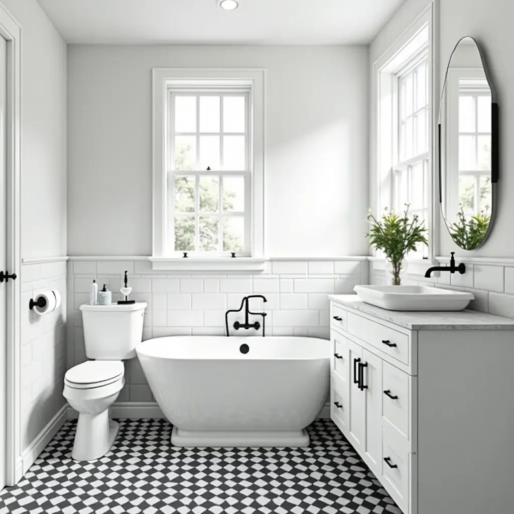 a photo of a monochromatic bathroom featuring black and white checkerboard tiles