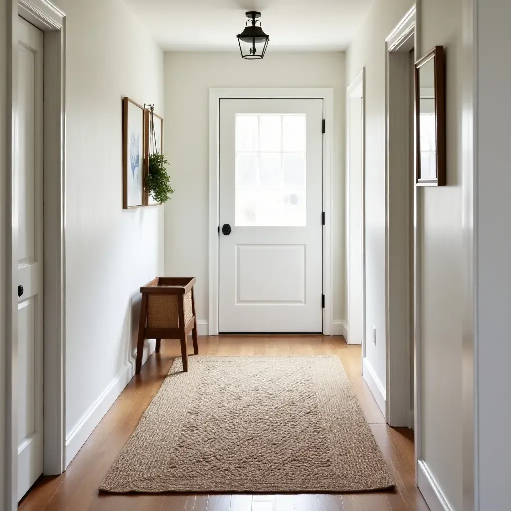 a photo of a rustic, braided rug in a farmhouse-style hallway