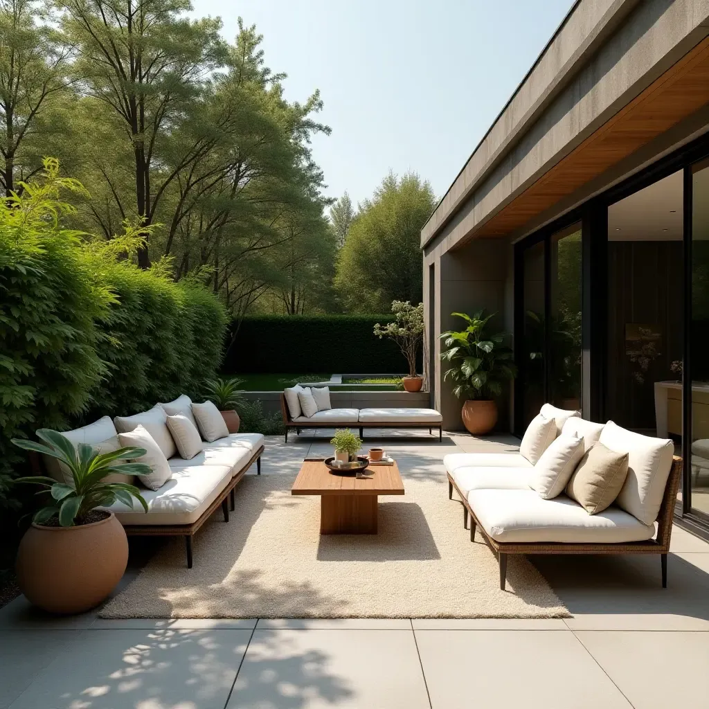 a photo of a stylish outdoor lounge with a modern aesthetic and greenery