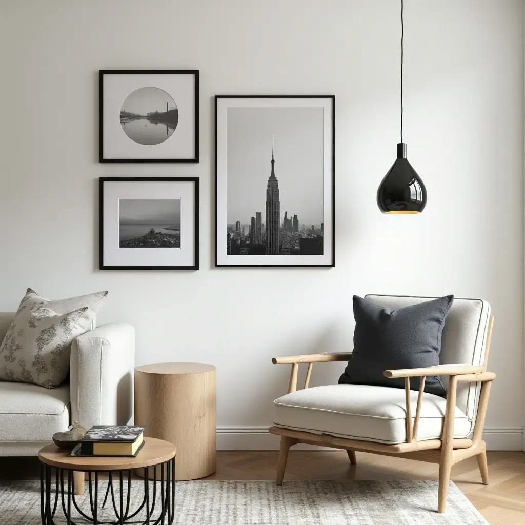 a photo of a chic gallery wall with black and white photography and gold accents