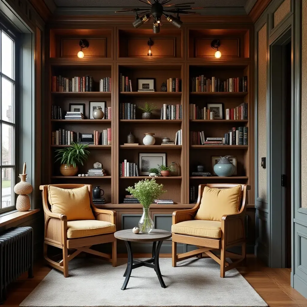 a photo of a library nook with reclaimed wood furniture and industrial accents