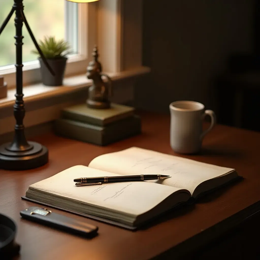 a photo of a traditional desk setup with vintage decor and classic stationery