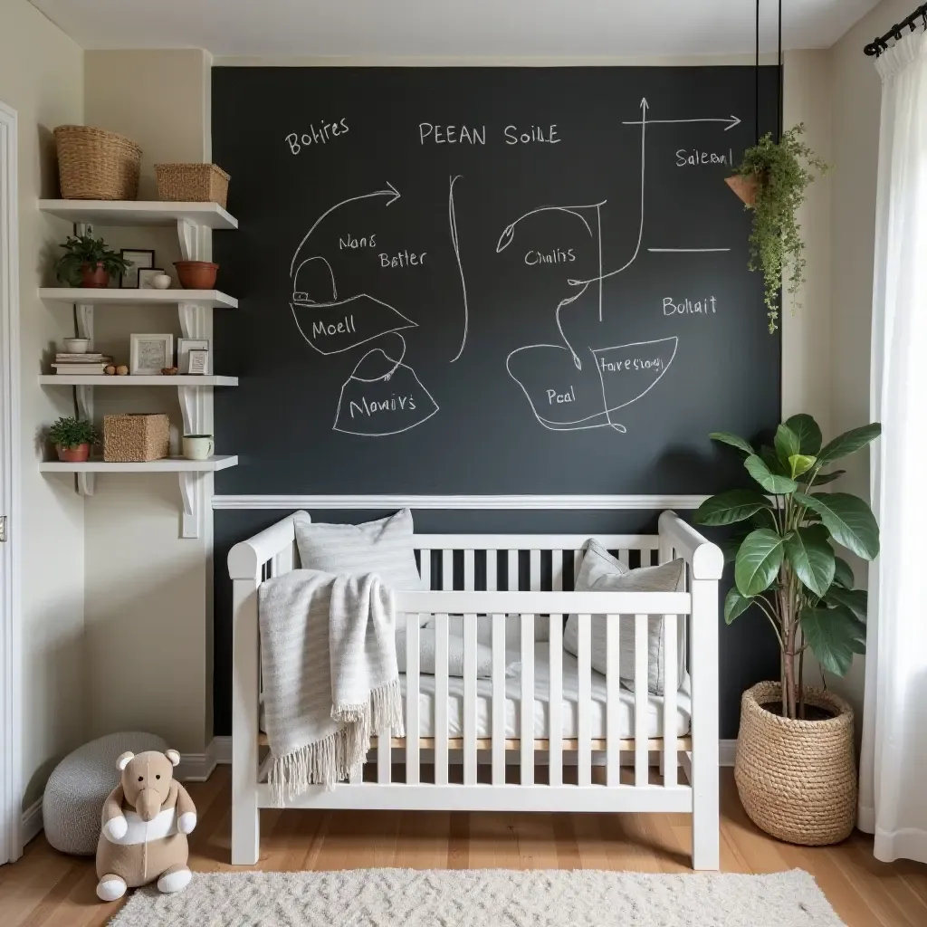 a photo of a nursery showcasing a chalkboard wall for notes and storage