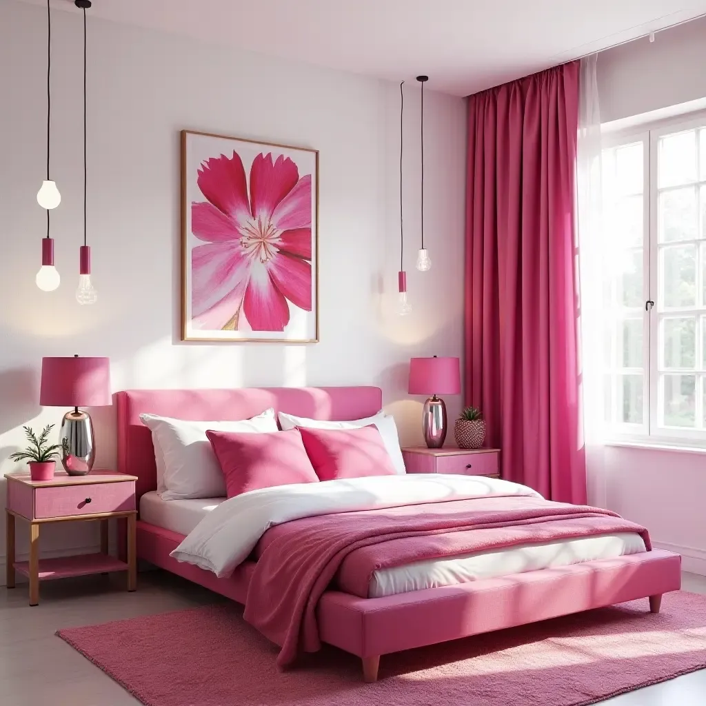 a photo of a vibrant fuchsia and white bedroom with bold prints