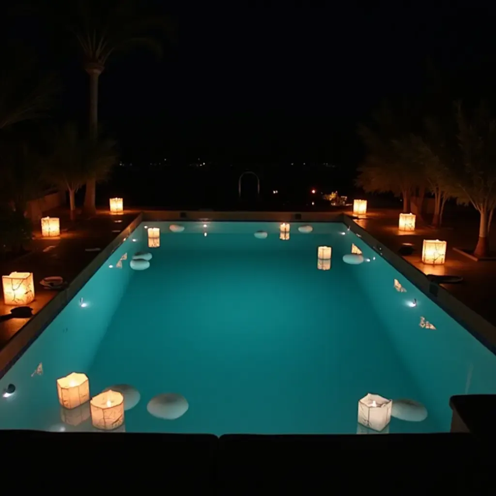 a photo of an illuminated pool at night with floating candles and lanterns