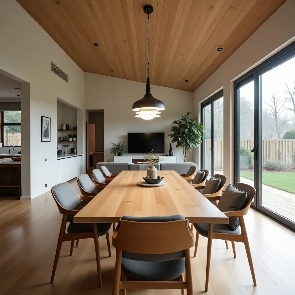 a photo of a living room featuring a wooden dining table and open space