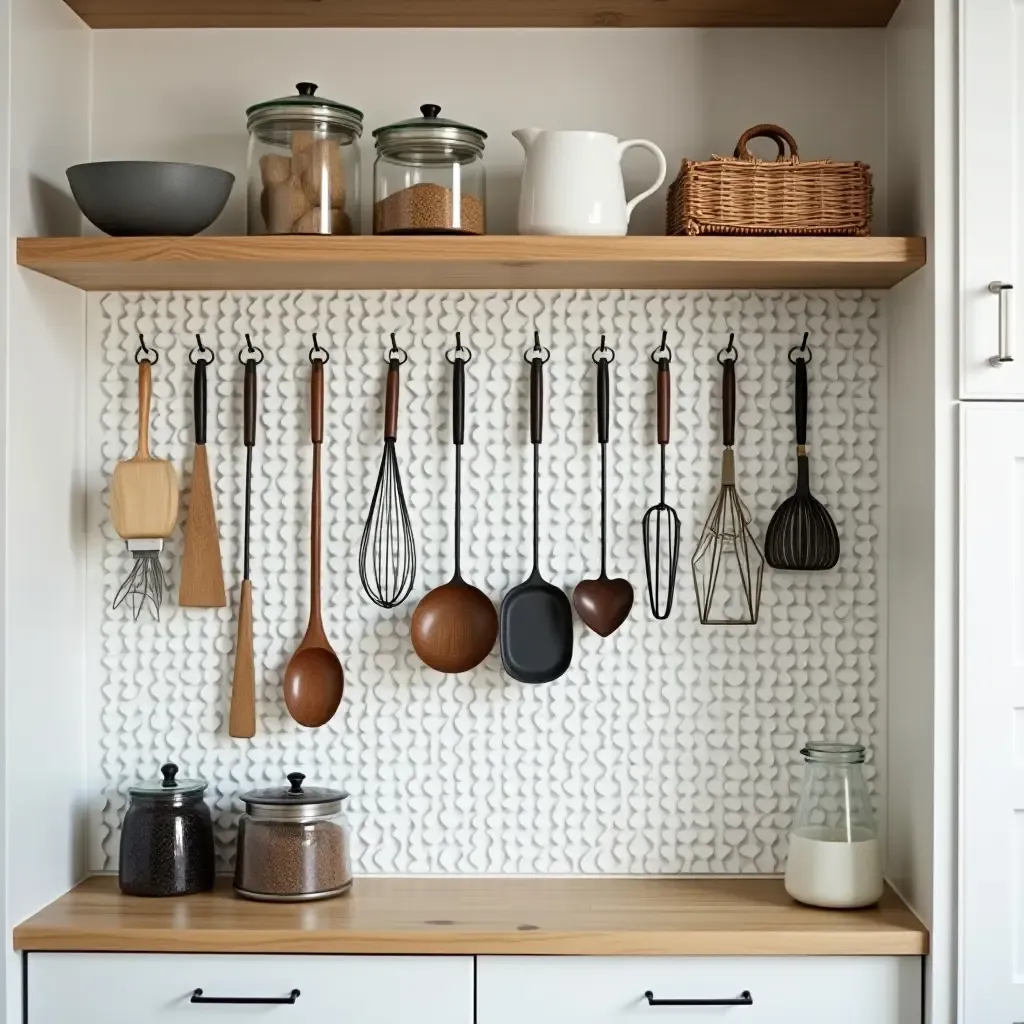 a photo of a pantry with a pegboard for hanging kitchen tools and accessories