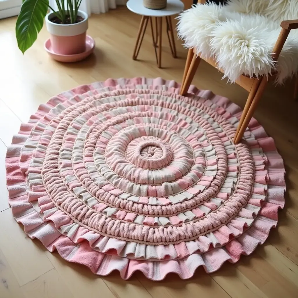 a photo of a cozy DIY rug made from upcycled fabric scraps