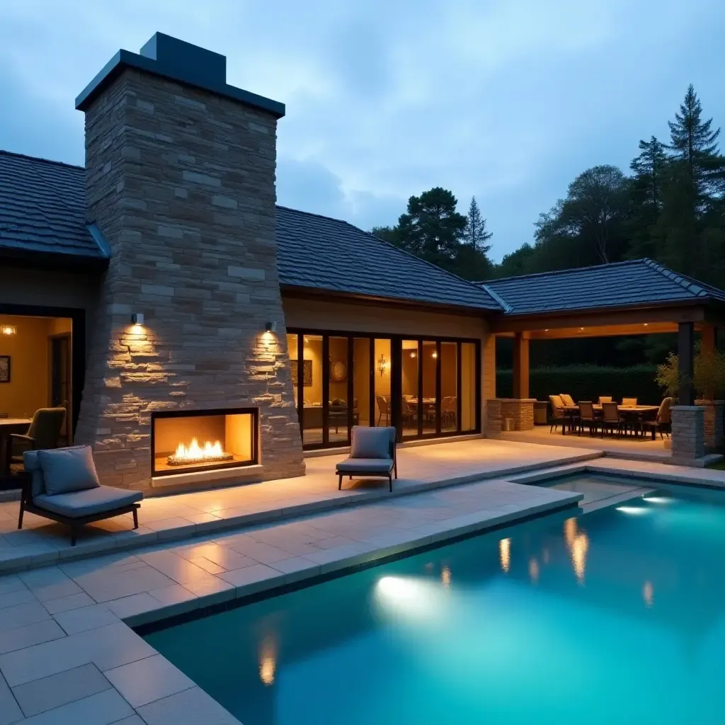 a photo of a stylish outdoor fireplace next to a contemporary pool