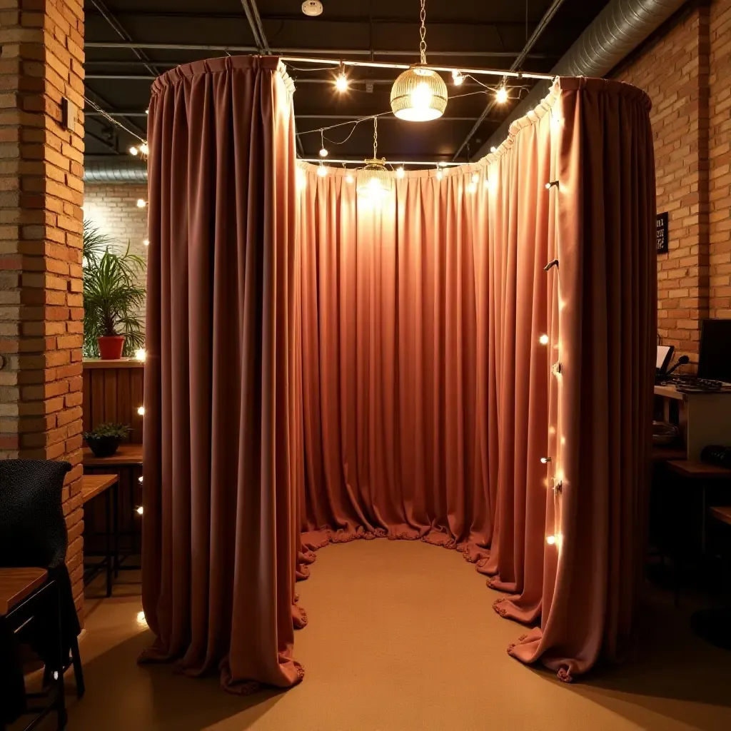 a photo of a trendy basement photo booth with stylish backdrops and decor