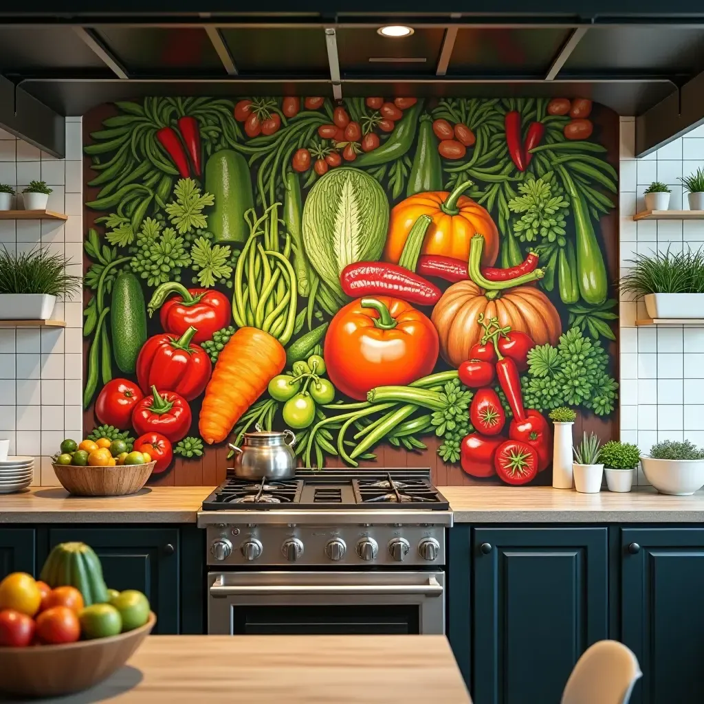 a photo of a vibrant mural featuring fresh vegetables in a kitchen