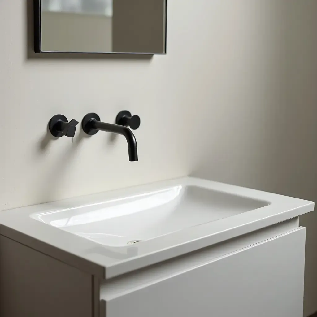 a photo of a bathroom with a stylish wall-mounted faucet and sink