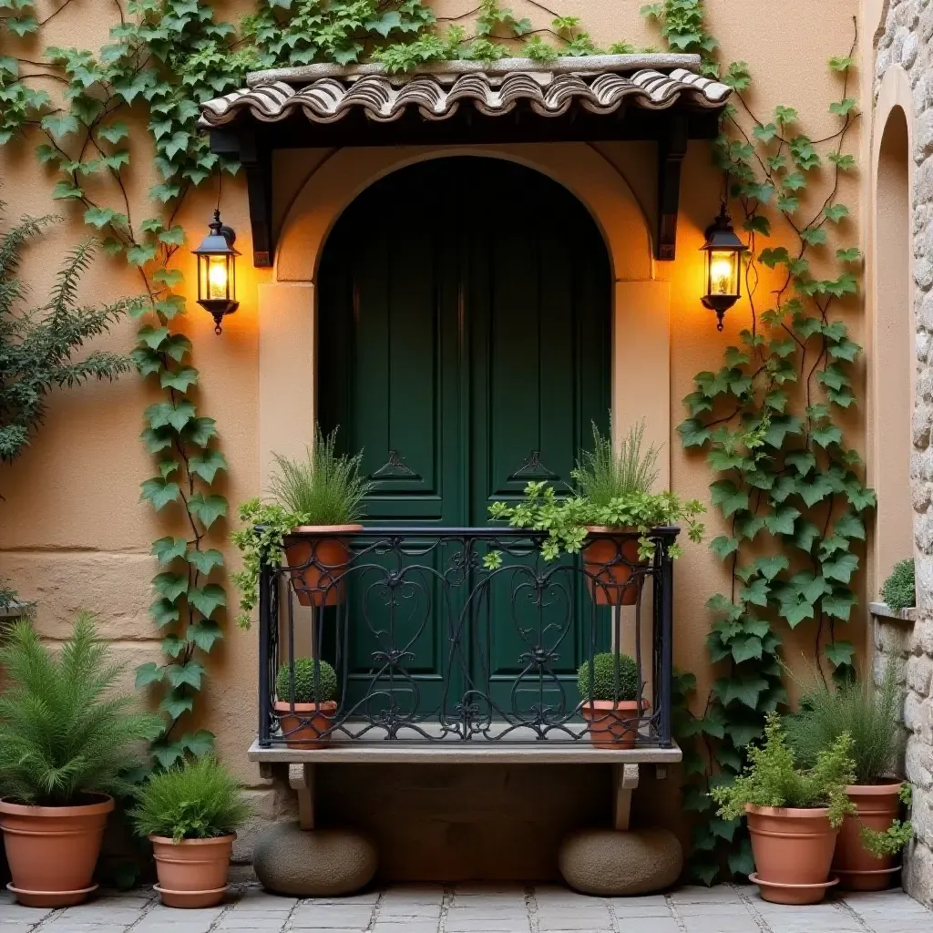 a photo of a rustic balcony wall adorned with climbing vines and lanterns