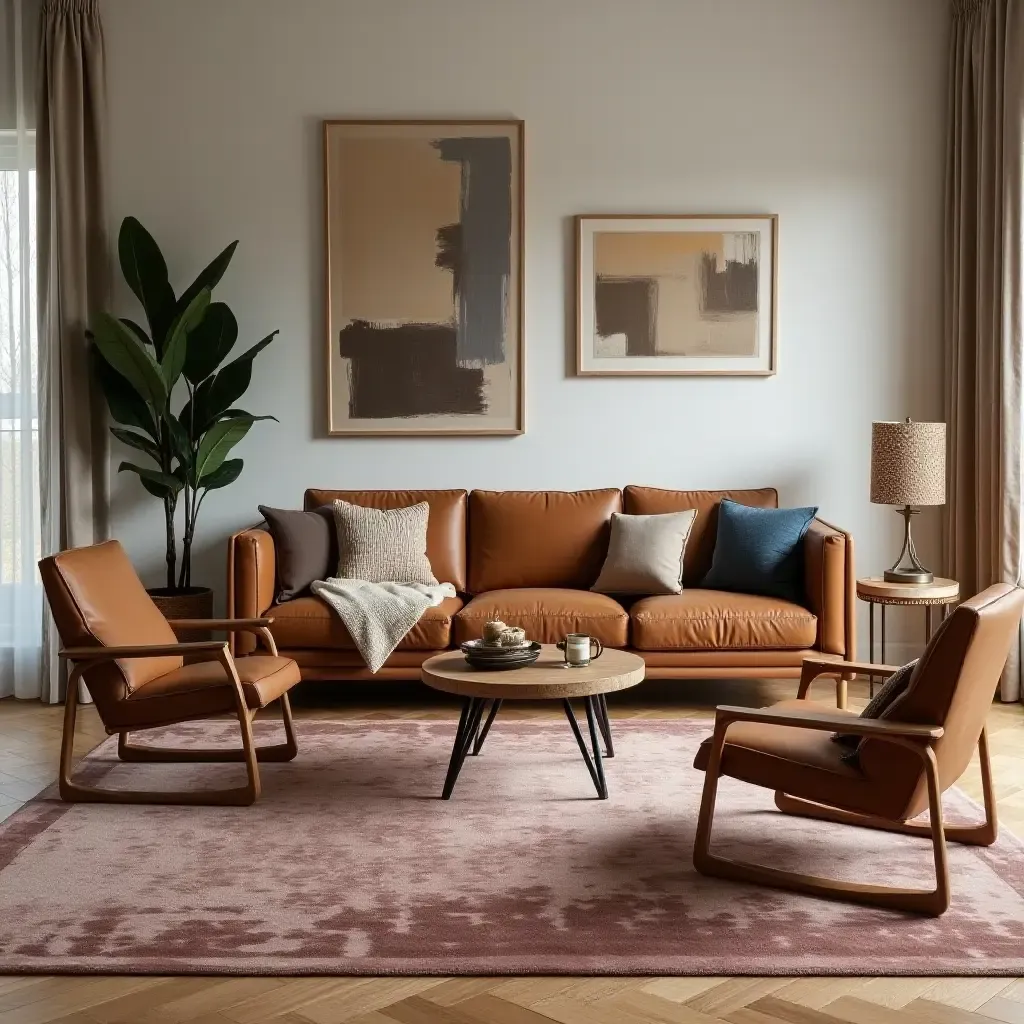 a photo of a stylish living room with velvet rug, wood furniture, and leather accents