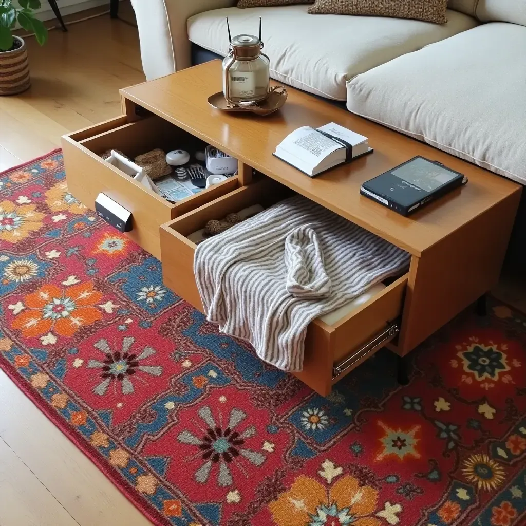 a photo of a colorful rug with hidden storage pockets