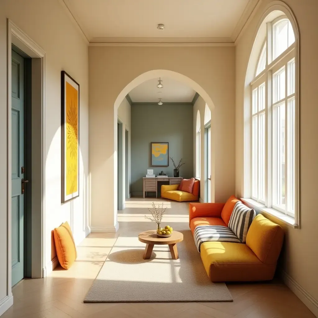 a photo of a bright corridor with colorful cushions and a coffee table