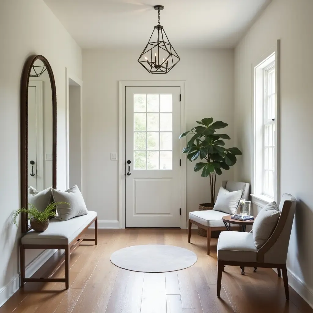 a photo of an inviting foyer featuring a large mirror and comfortable seating