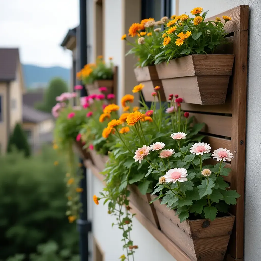 a photo of a balcony garden with Scandinavian style, featuring vertical planters and bright flowers