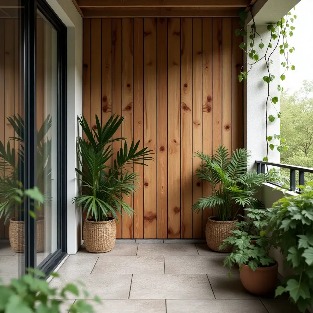 a photo of a balcony decorated with wooden wall art and plants