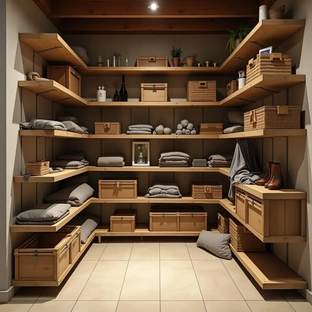 a photo of a cozy basement with wall-mounted storage racks