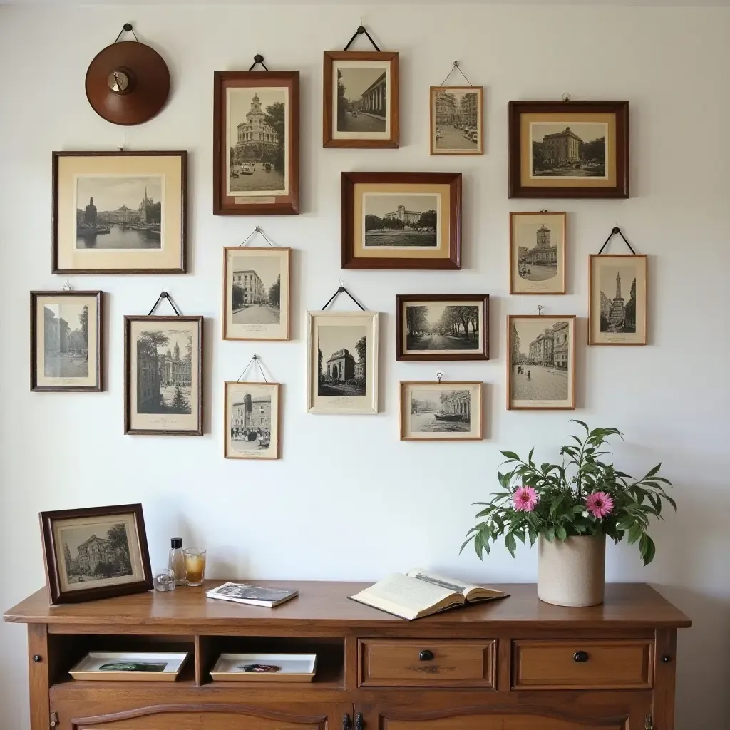 a photo of a gallery wall featuring vintage postcards and travel memorabilia