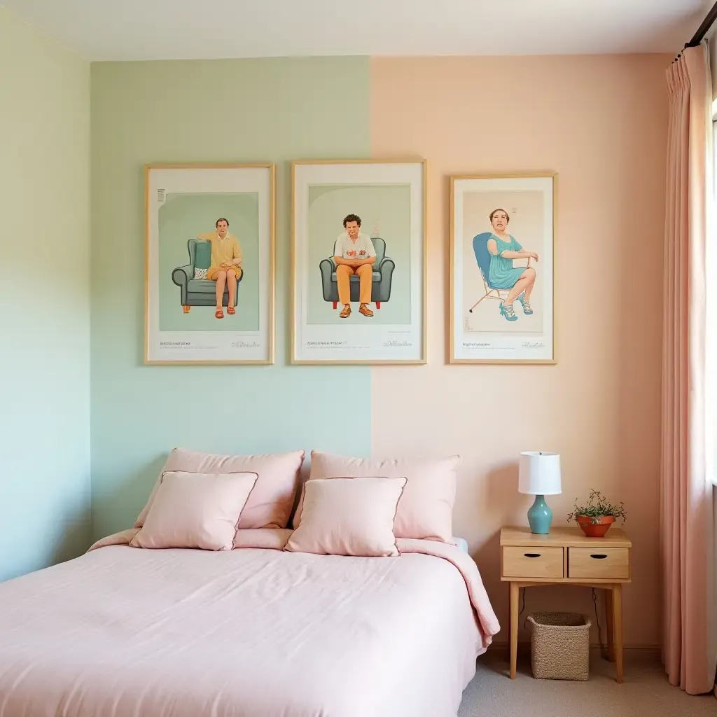 a photo of retro posters on a pastel-colored bedroom wall