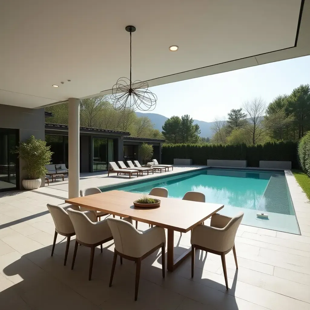 a photo of a stylish outdoor dining area overlooking a beautiful pool