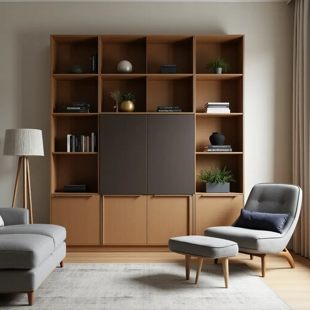 a photo of a stylish room divider that provides extra storage