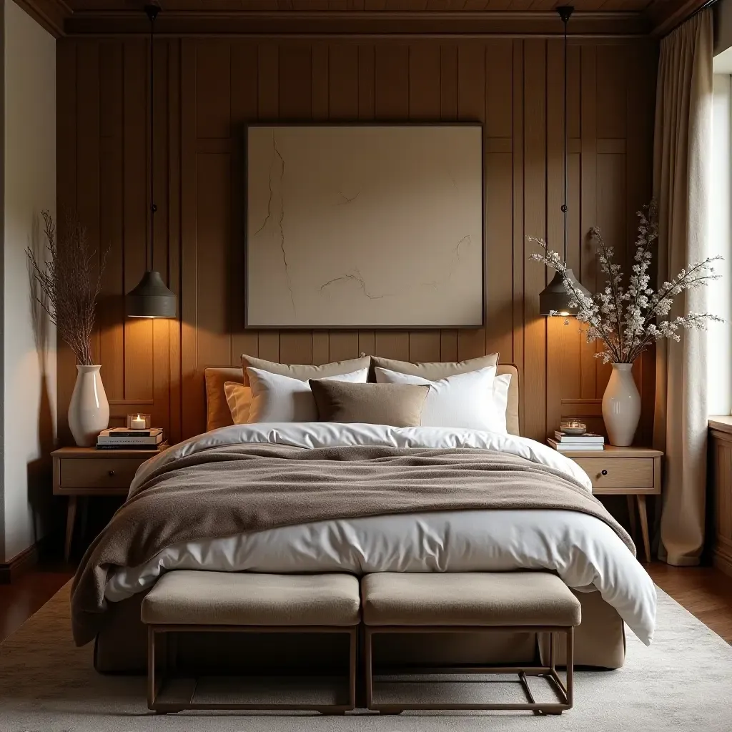 a photo of a rustic bedroom design using velvet textiles, wooden decor, and soft linen fabrics