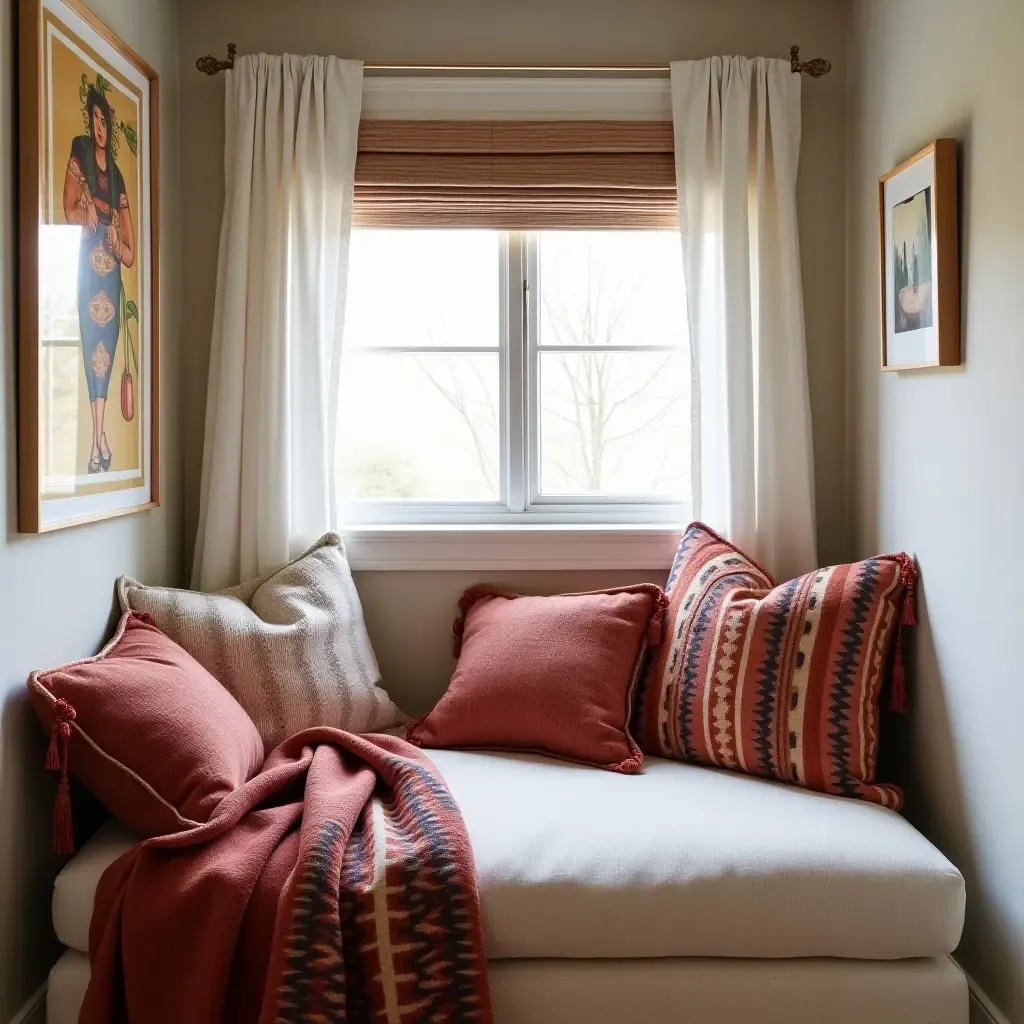 a photo of a cozy reading nook in a bedroom with Southwest-inspired cushions and throws