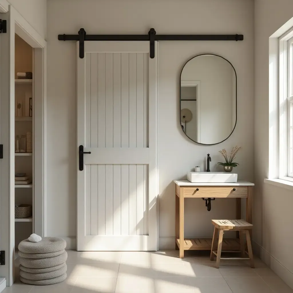 a photo of a vintage-inspired bathroom with a barn door and soft lighting