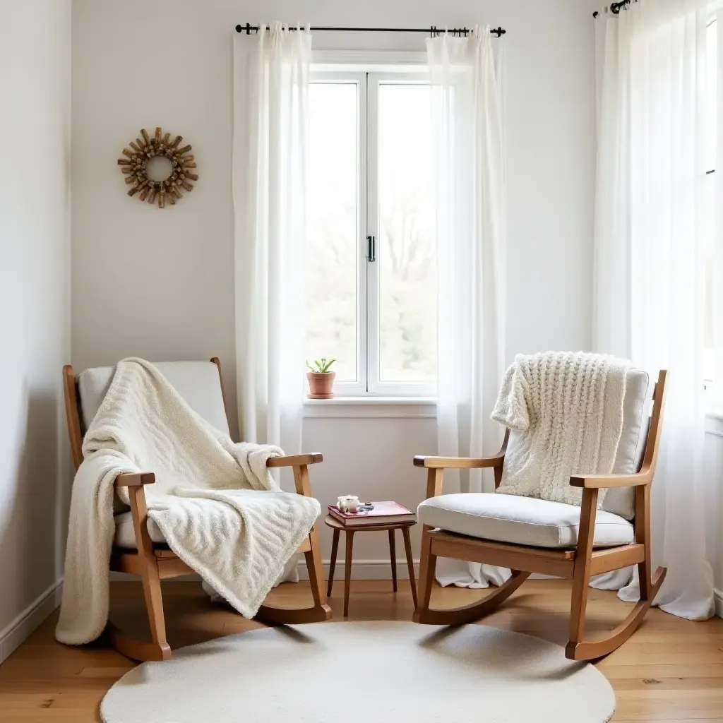 a photo of a cozy nursery featuring vintage rocking chairs and soft knitted blankets