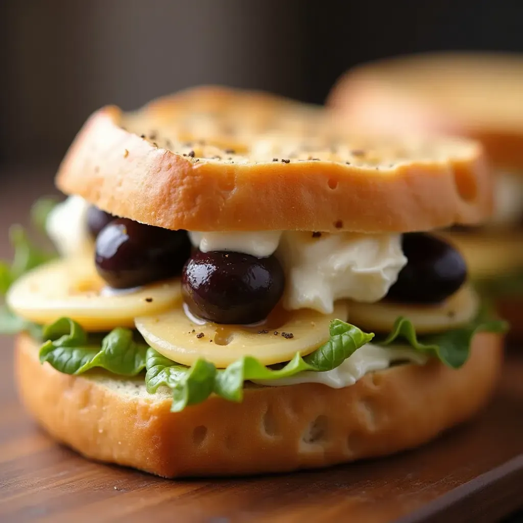 a photo of an Italian sandwich with artichoke hearts, olives, and ricotta on focaccia bread.